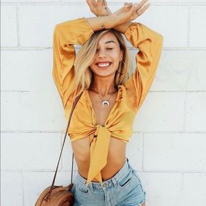 Yellow satin crop tie top | Eva Gutowski |